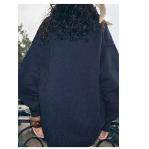 Zara | Oversized Pleated Sleeve Knit Cardigan In Navy - Picture 3 of 12